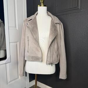Light Beige Suede Moto Jacket with Zipper Pockets